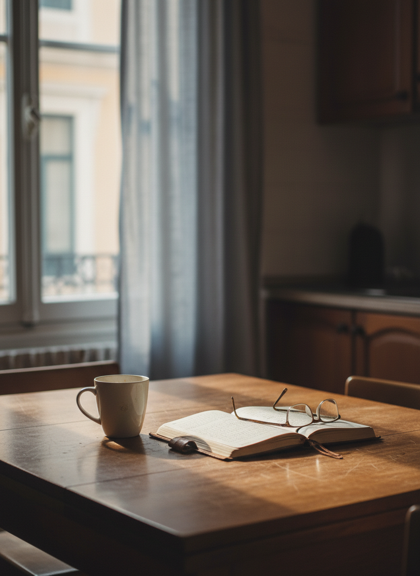 A well-worn wooden dining table set near a large window in a modest urban apartment, its surface bearing faint scratches and water rings that suggest years of shared meals. On the table rests a single, slightly chipped white ceramic mug beside an open, handwritten journal and a folded pair of reading glasses. Soft morning light in muted Lisbon tones filters through sheer curtains, casting gentle, elongated shadows and a quiet glow on the pages. Photographic realism, shot at eye level with a shallow depth of field that blurs the background kitchen into soft bokeh, creating an intimate, contemplative atmosphere of grief, resilience, and the fragile order of a new normal without ever showing human figures.
