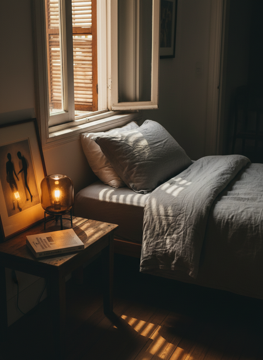 A neatly made single bed with a textured linen duvet in soft grey, a small, slightly rumpled dent in the pillow suggesting someone has just risen. On the bedside table, a framed abstract artwork with blurred silhouettes, carefully turned away from the viewer to preserve privacy, stands beside a dimly glowing amber glass lamp and a worn paperback in Portuguese. Late afternoon light filters through half-closed blinds, creating rhythmic bands of light and shadow across the room. Photographic realism, captured from a slightly elevated corner angle, with crisp focus on the bedside vignette and a gently blurred doorway in the background, evoking solitude, quiet sorrow, and the daily, dignified act of carrying on.