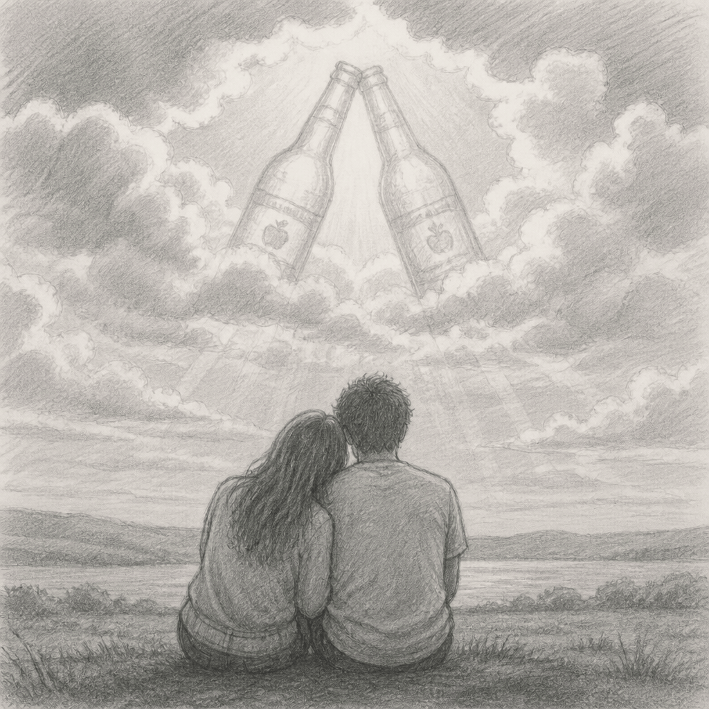Couple sitting together beneath clouds with two bottles in the sky